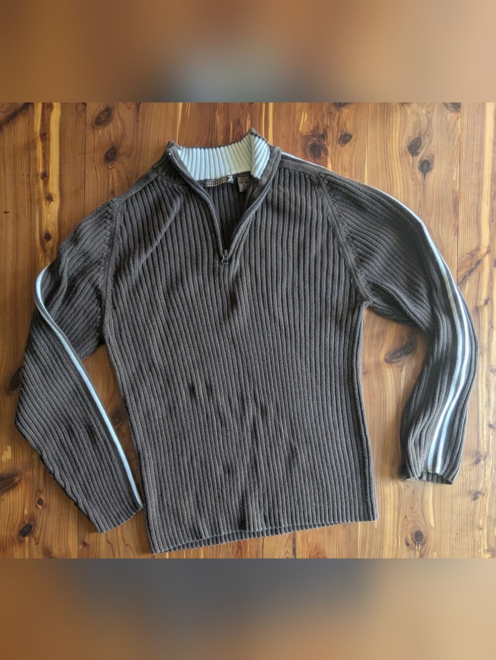 Men's Zip-Front Ribbed Sweater in Brown with Light Trim